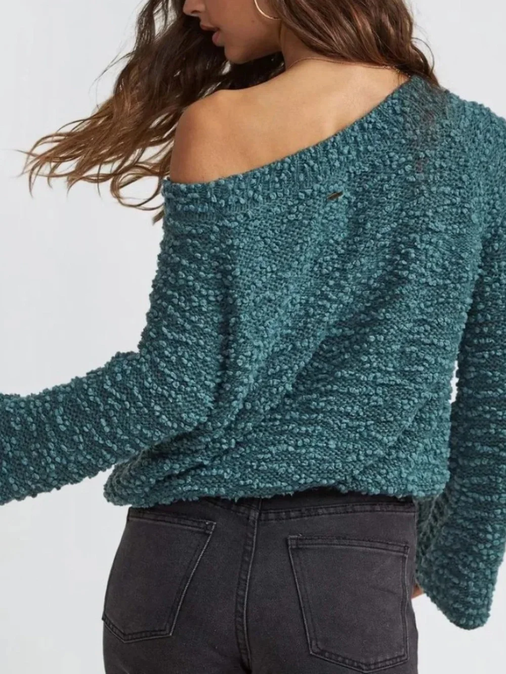 Billabong Women’s Teal Bouclé Cropped Scoop-Neck Sweater Size S